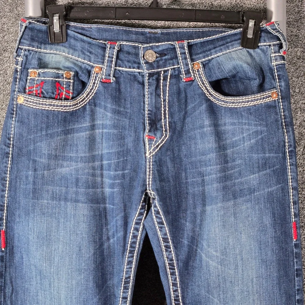 True Religion Rocco Relaxed Skinny Jeans Big T Stitch Blue Red Horseshoe 32x31